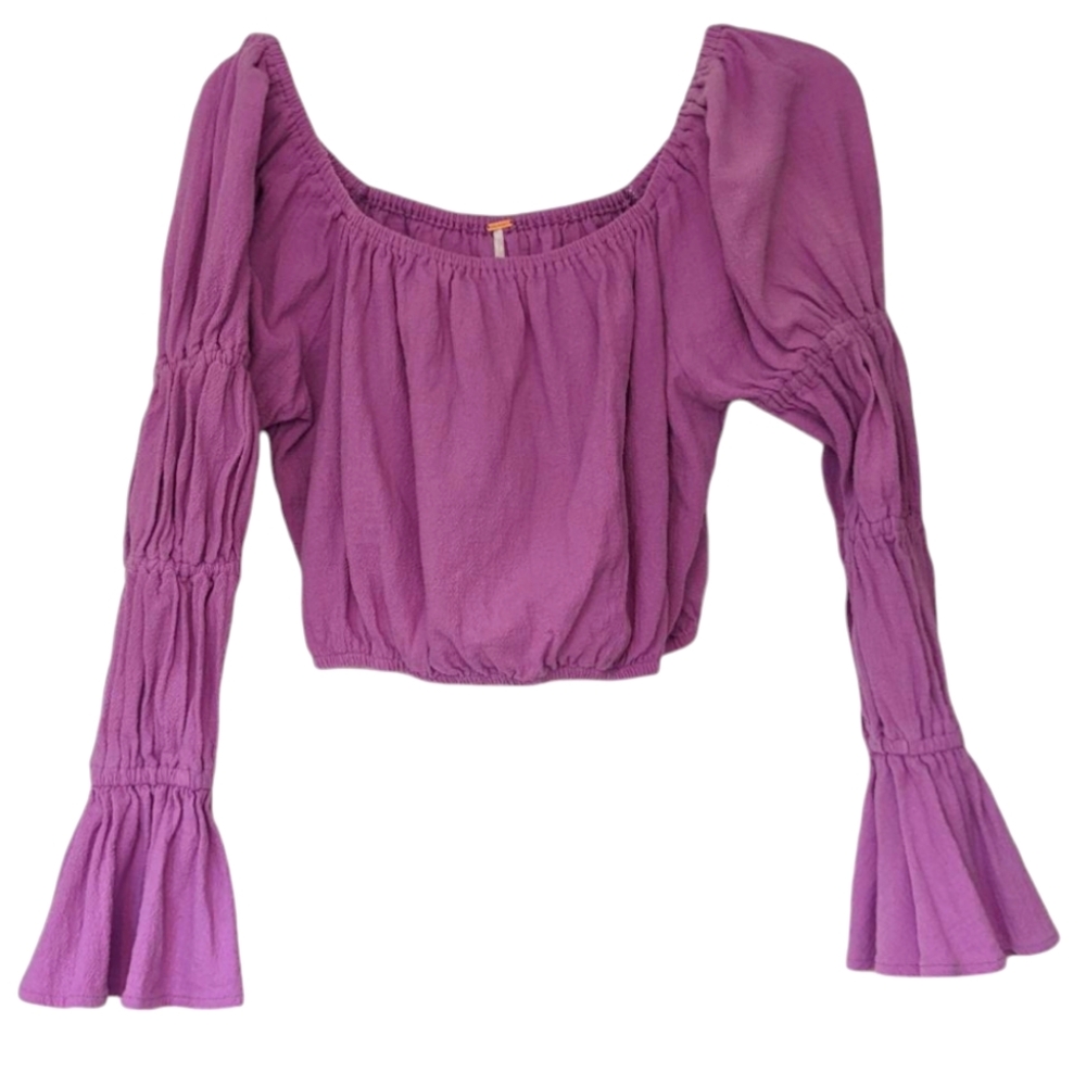Free People Tiered Bell Sleeve Crop Top Size Small Purple Scoop Neck Stretch